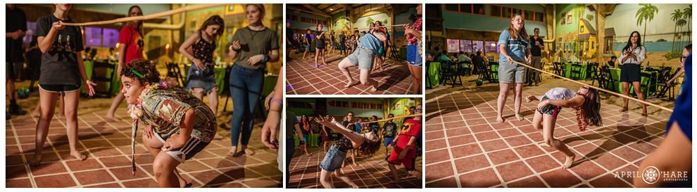 Photo collage of bar mitzvah guests playing Limbo at the Island Event Center in Aurora Colorado