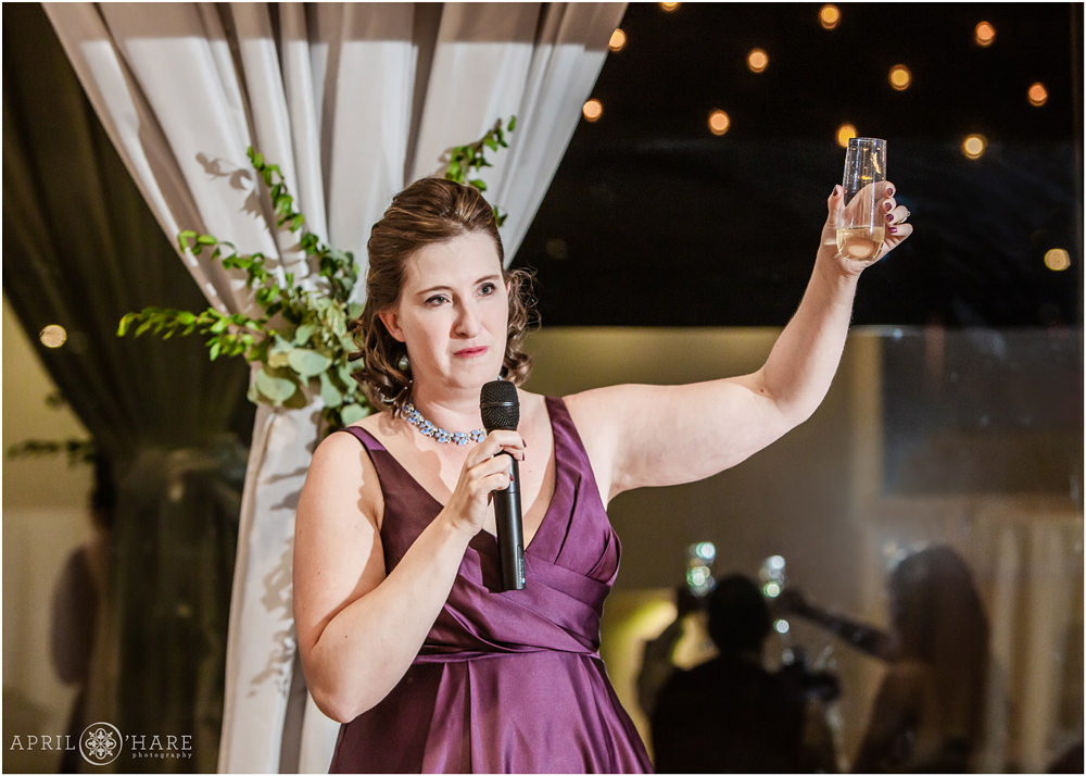 Matron of Honor does a toast at Ashley Ridge Wedding Reception in Littleton Colorado