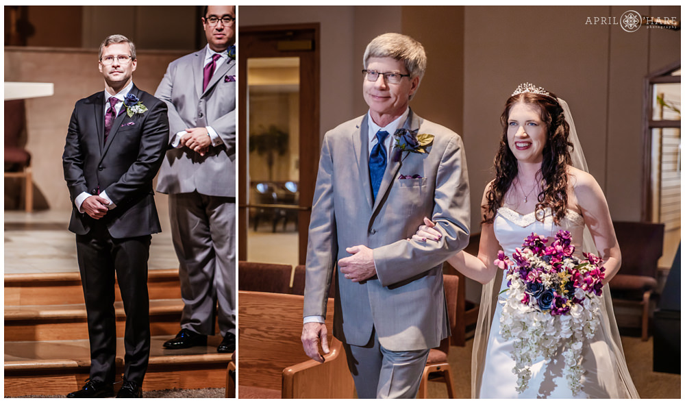 Groom sees bride walking down aisle with her father at Our Father Lutheran Church in Centennial CO