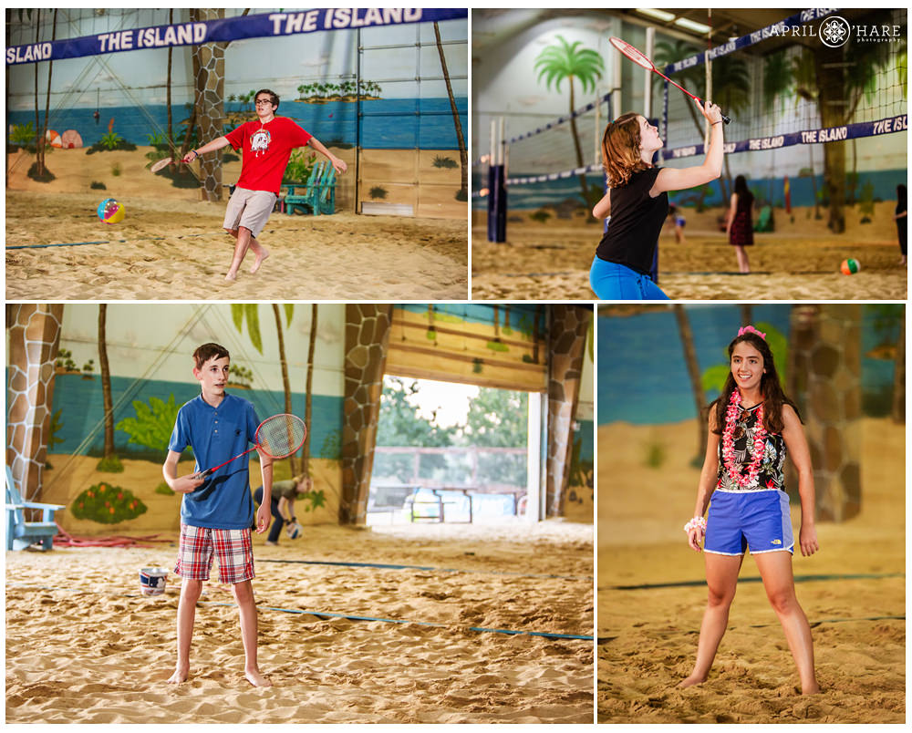 Kids play raquetball at an island themed bar mitzvah party at The Island Event Center in Aurora