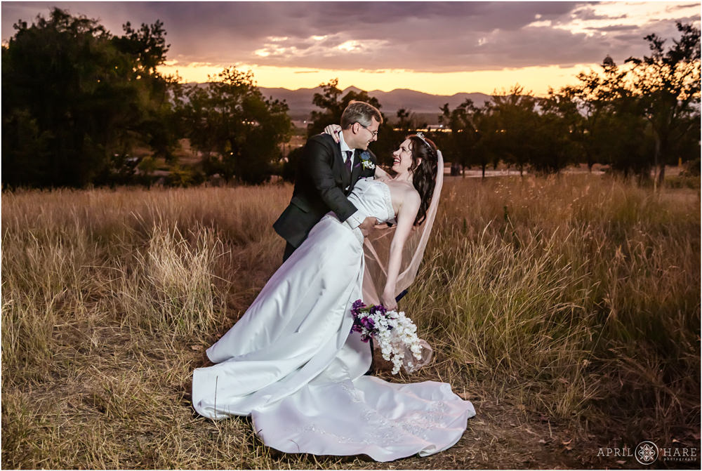 Groom dips his bride in a field at Sunset at Flyin' B Park in Highlands Ranch Colorado