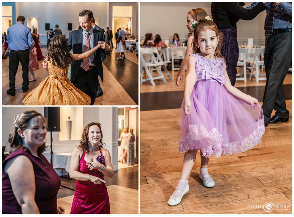Photo collage of wedding guests dancing at an Ashley Ridge Wedding Reception in Littleton