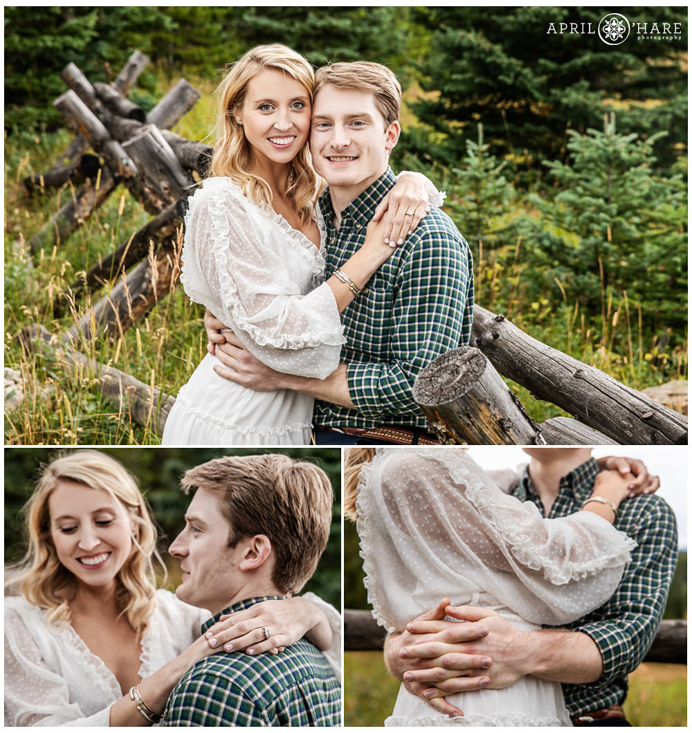 Rustic Evergreen Colorado Engagement Photography with wood Fence