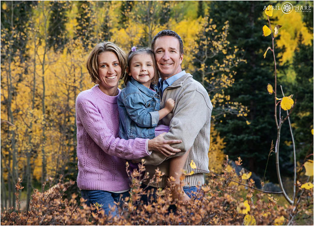 Peak fall color family photo on Guanella Pass at the Clear Creek Campground near Georgetown Colorado