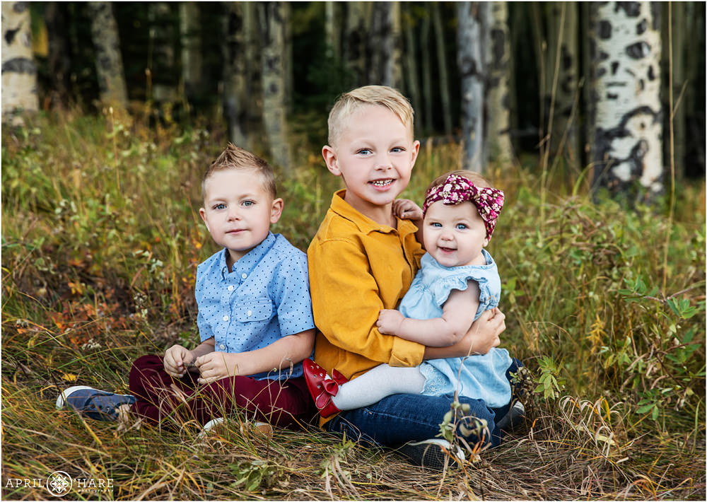3 young siblings pose for portraits in an aspen tree forest in Evergreen Colorado