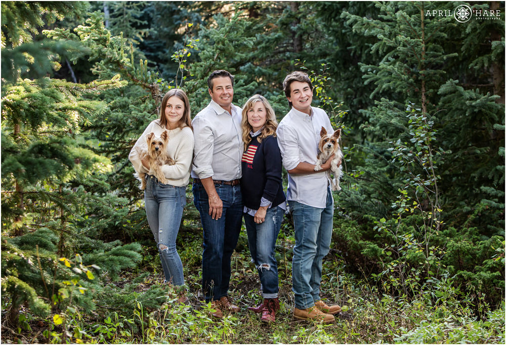 A family of four with two teenage children pose in a forest setting with their two little dogs in Evergreen Colorado