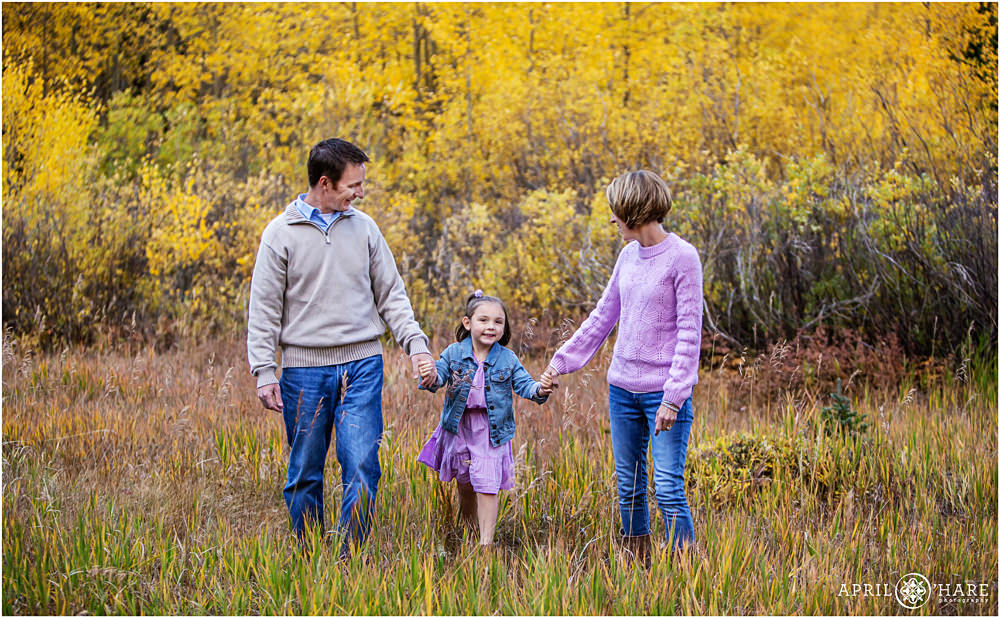 A family of three wearing lilac walks in a mountain meadow near Clear Creek Campground on Guanella Pass in Colorado