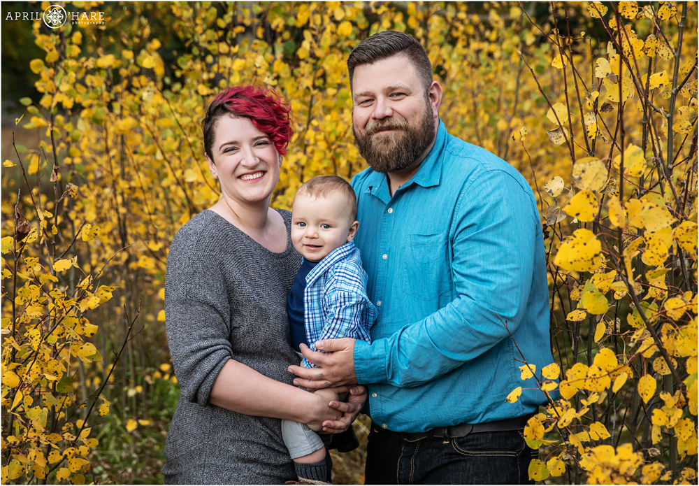 Family wearing blue pose with a small baby boy in front of pretty yellow aspen leaves in Colorado