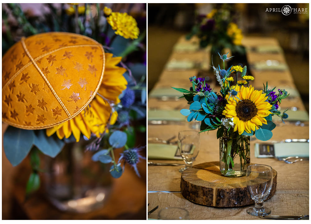 Photo collage of Autumn themed bar mitzvah decor with orange leaf design yarmulke hat in Fort Collins Colorado