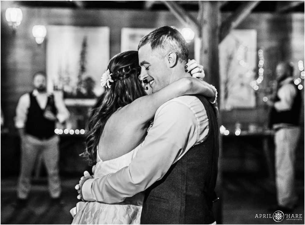 Candid B&W Wedding Photo of a couple during first dance at Piney River Ranch in Vail