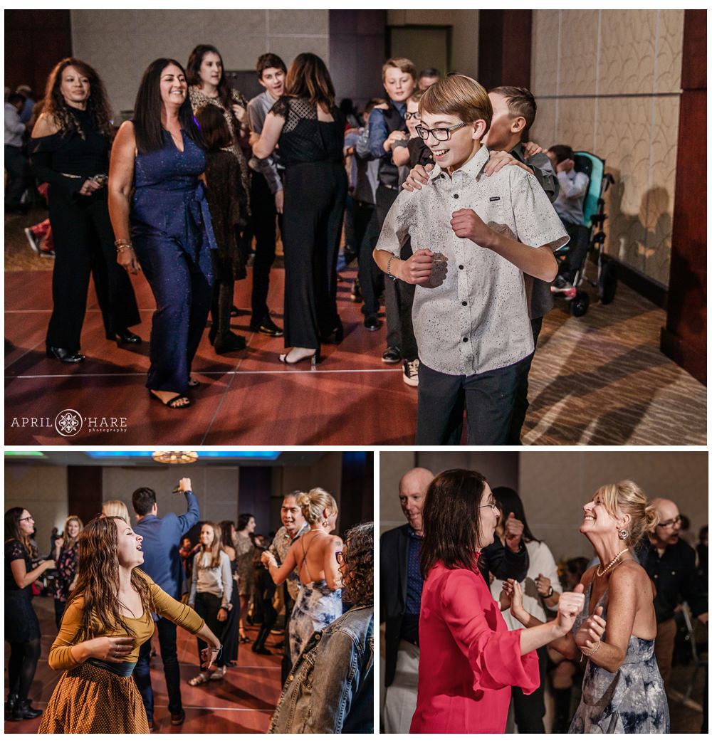 Photo collage of guests dancing and having fun at a Bar Mitzvah party at the Lincoln Center in Fort Collins Colorado