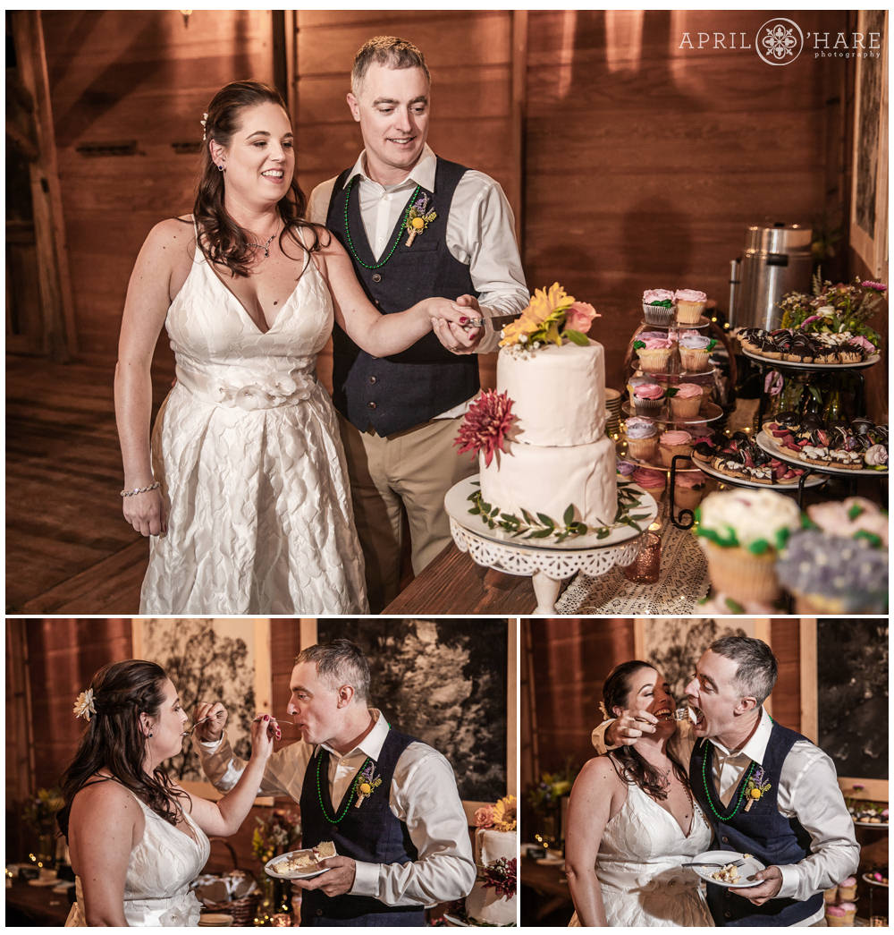 Cutting the cake at a rustic wedding reception in Vail