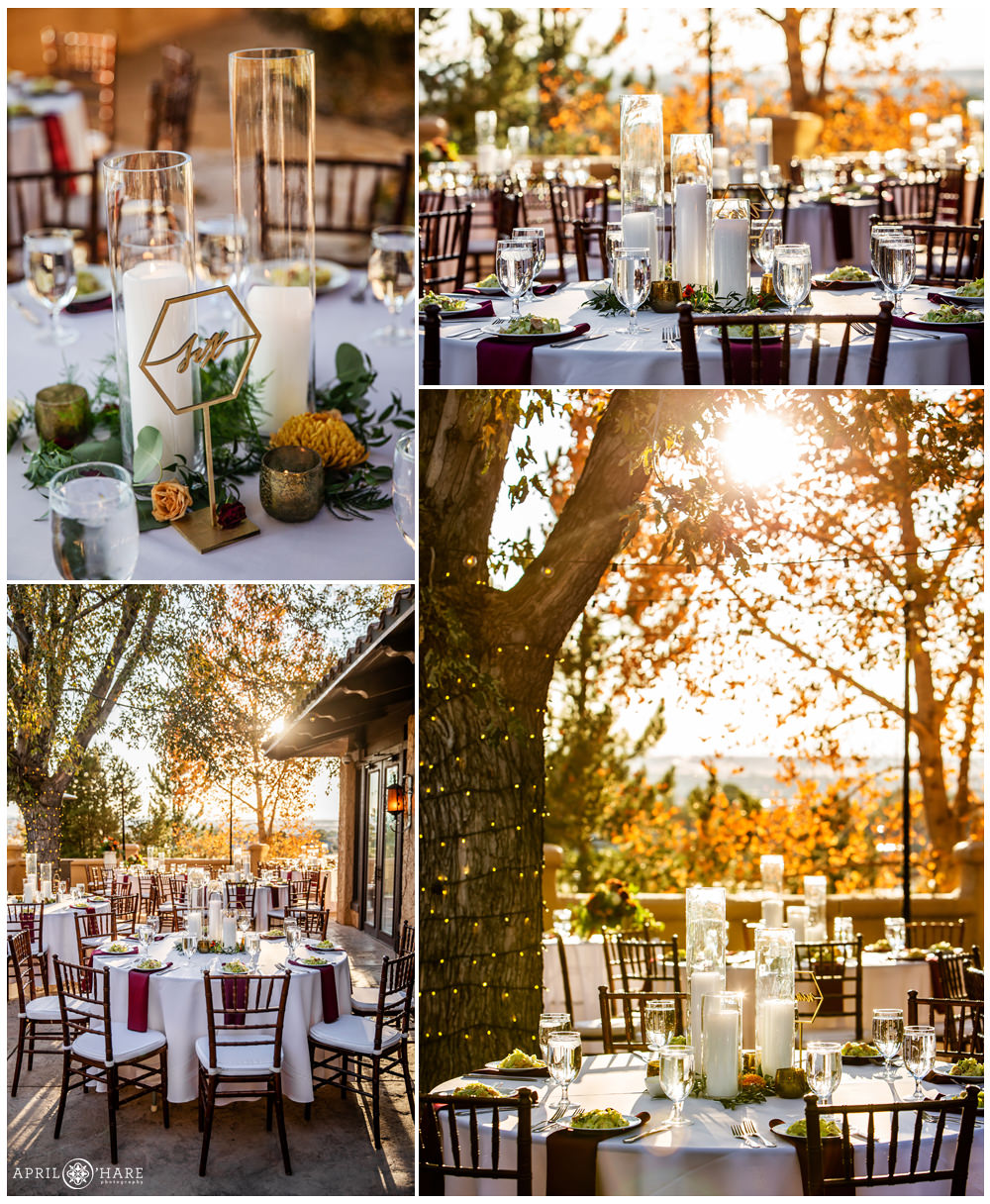 Photo collage of orange colored fall wedding reception decor from an autumn wedding at Villa Parker