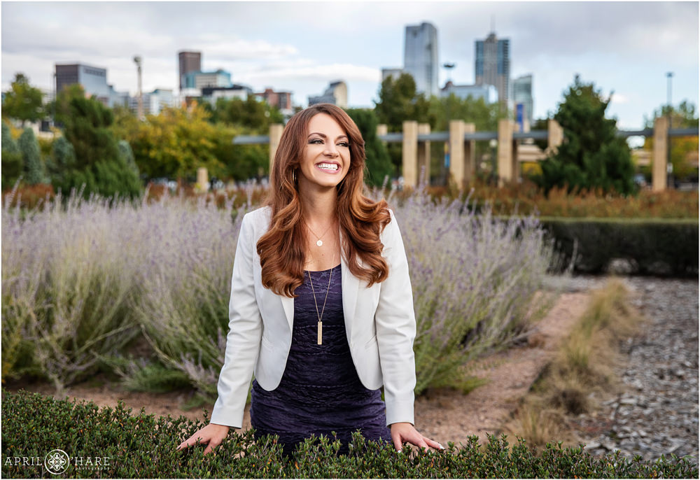 Redhead Business Style Outdoor Headshot with city backdrop at Centennial Gardens in Denver