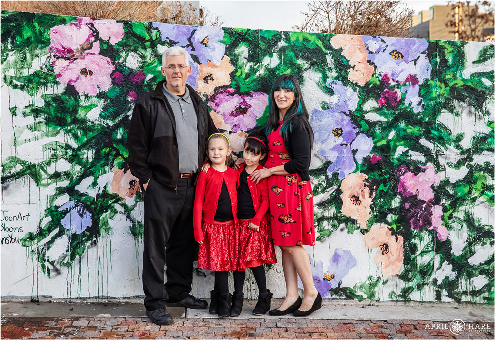 Pretty floral wall mural backdrop for family photography by Joon Art in Rino area of North Denver