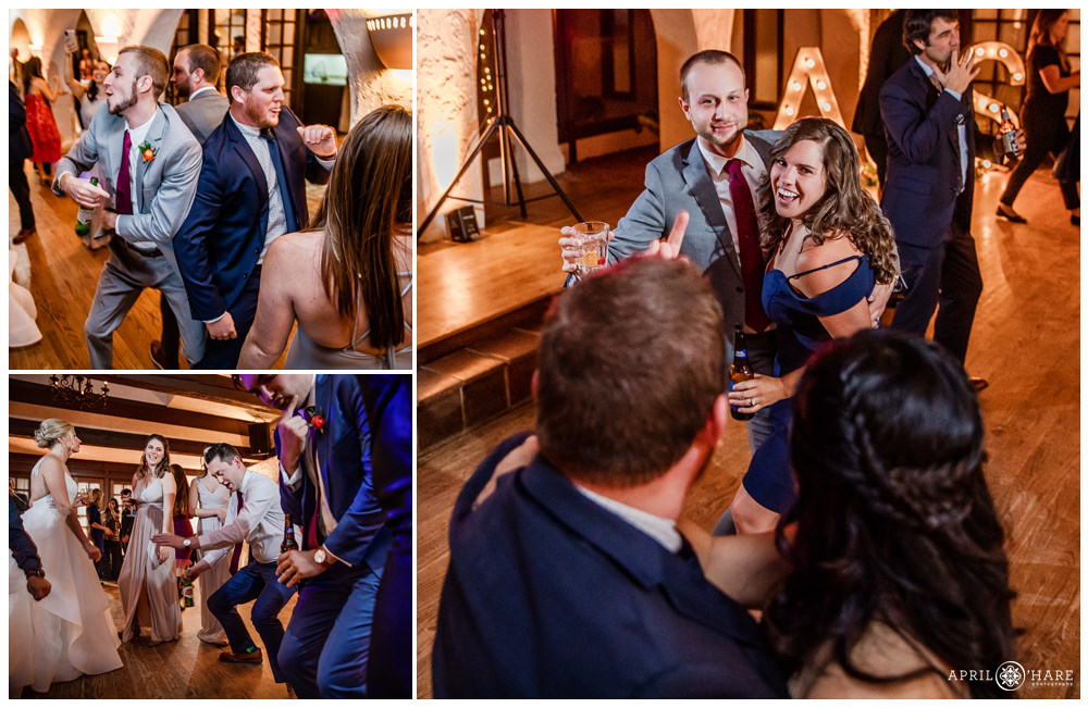 Photo collage of wedding guests having fun on the dance floor at Villa Parker in Colorado
