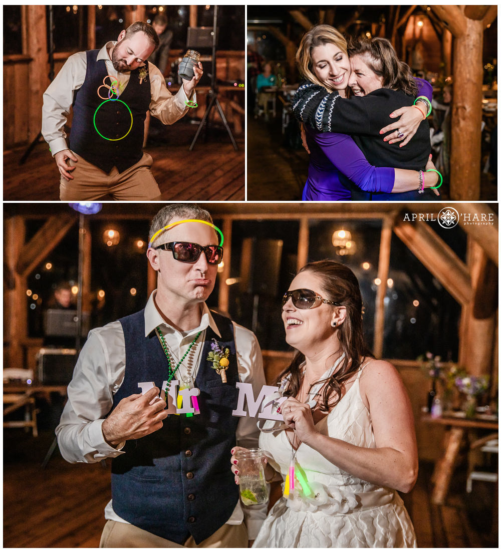 Dance floor photo collage from a rustic Vail wedding reception inside a wood cabin in the mountains