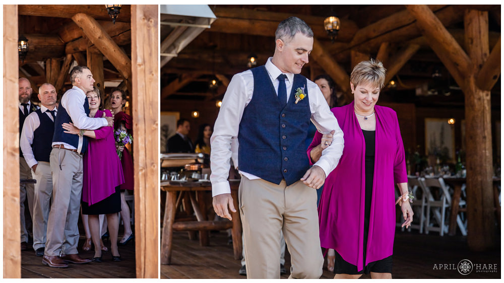 Groom and his mom as wedding ceremony begins at Piney River Ranch