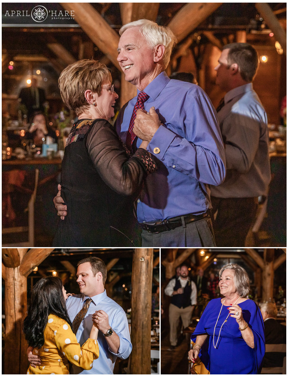 Photo collage of wedding guests dancing and enjoying themselves inside a wood cabin in Vail