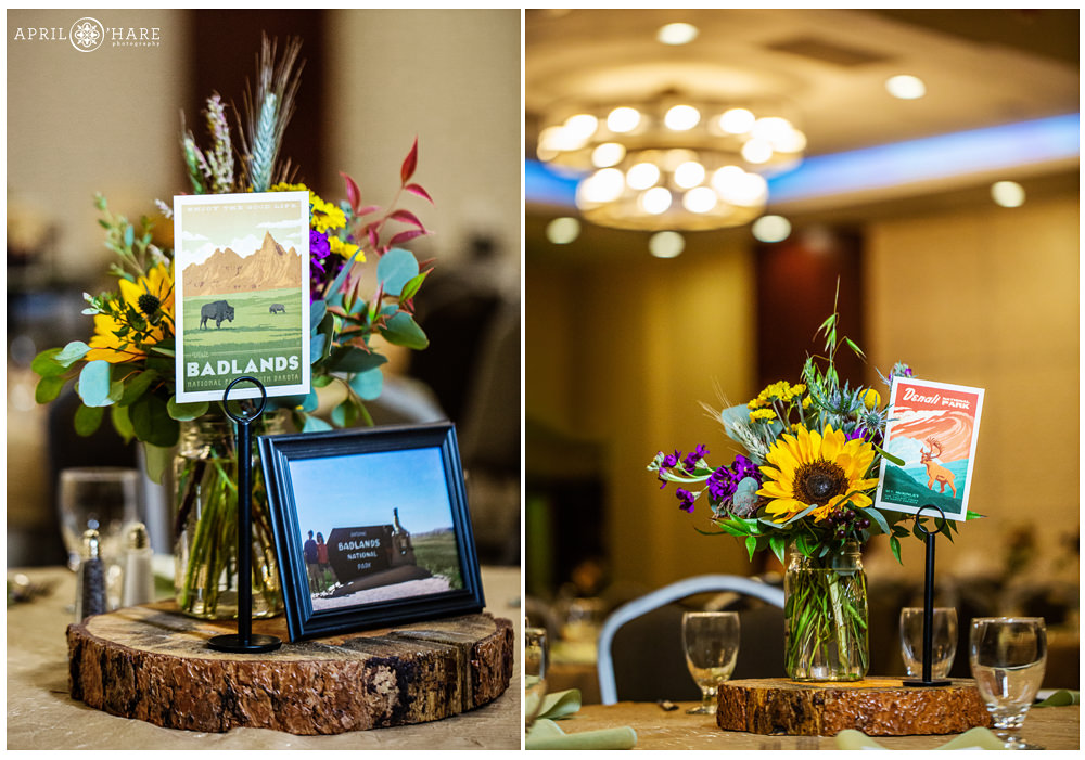 Table centerpiece decor with National Parks autumn floral theme at the Lincoln Center in Fort Collins Colorado