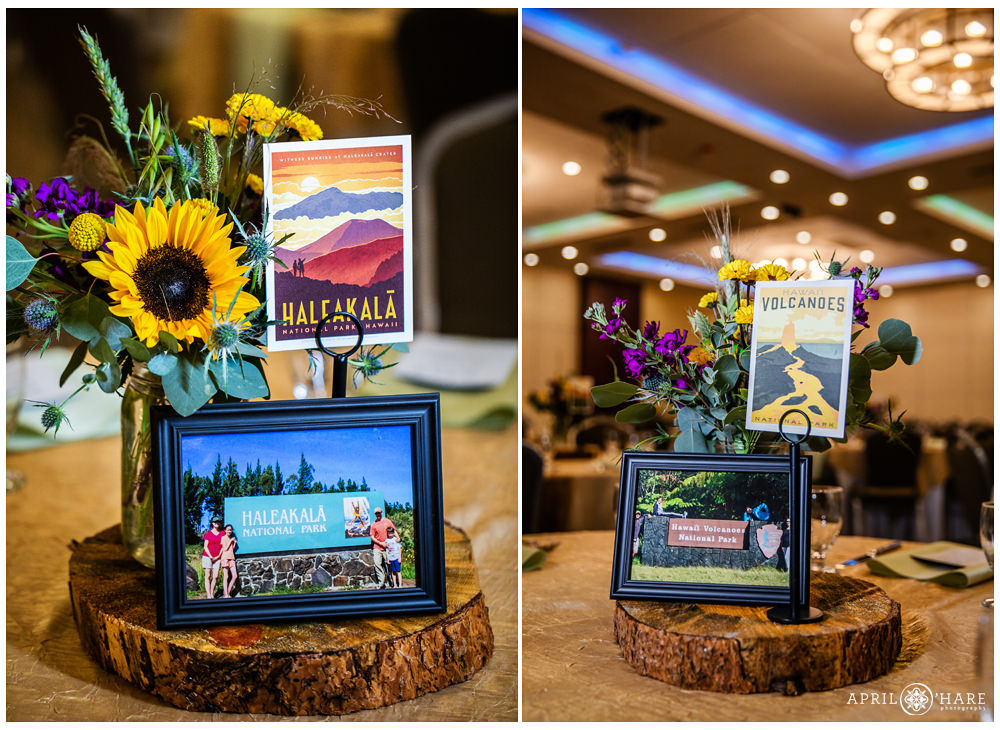 Detail photos of the table centerpieces with a National Parks Theme a fall color florals inside the Lincoln Center ballroom in Fort Collins