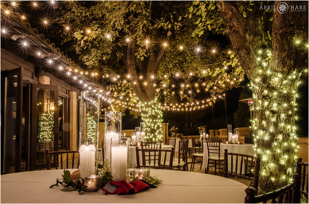 Beautiful string lights decorate the patio for a wedding during fall at Villa Parker Wedding Reception