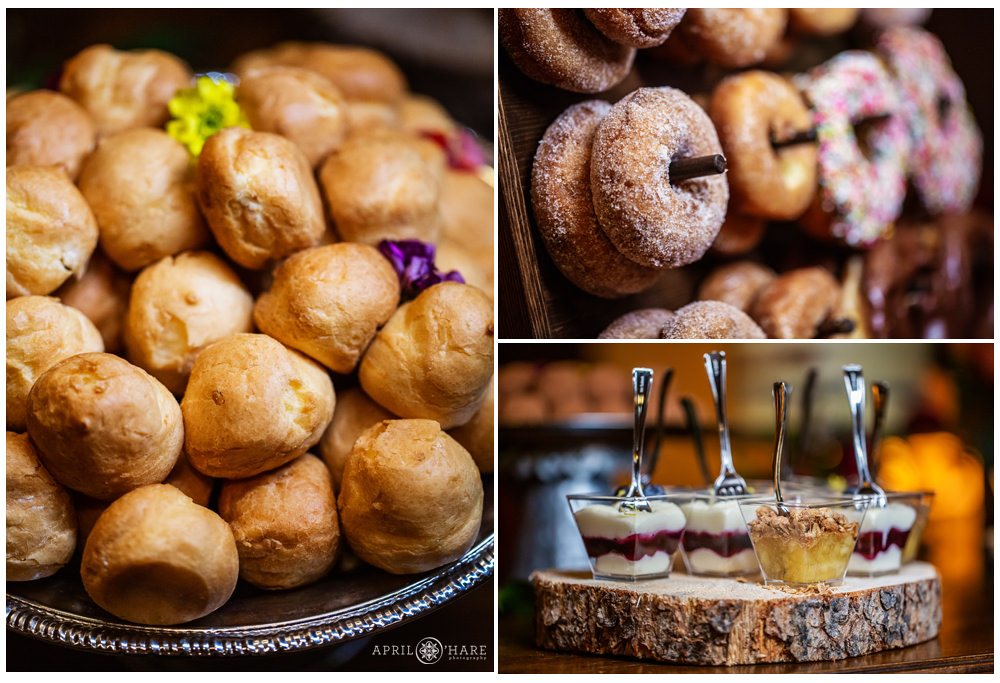 Photo collage of various dessert treats from a wedding reception at Villa Parker