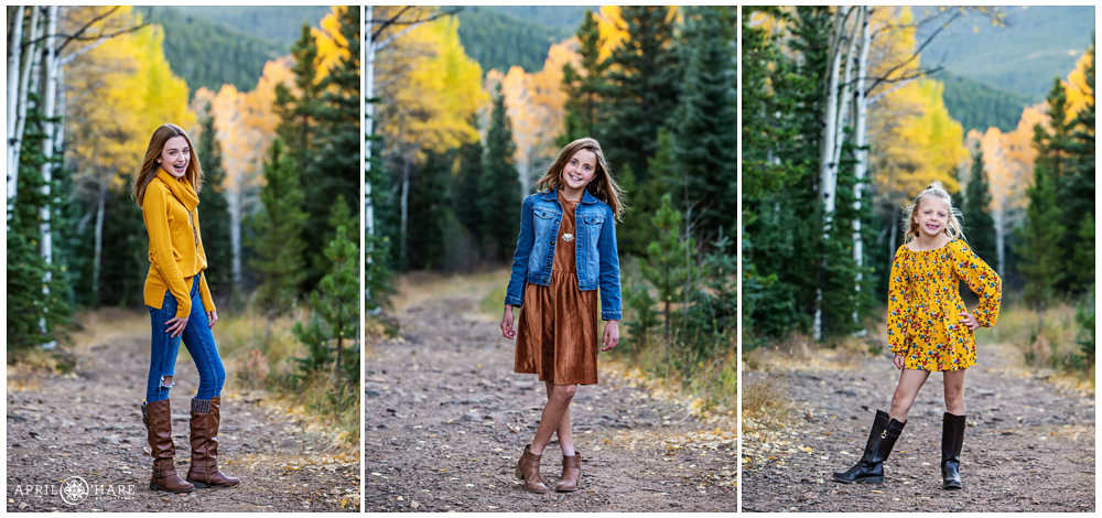 Individual candid photos of three daughters at their Colorado fall color family session on Squaw Pass Road