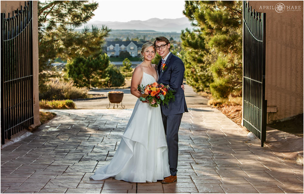 Pretty outdoor wedding portrait with mountains in the distance at Villa Parker during fall