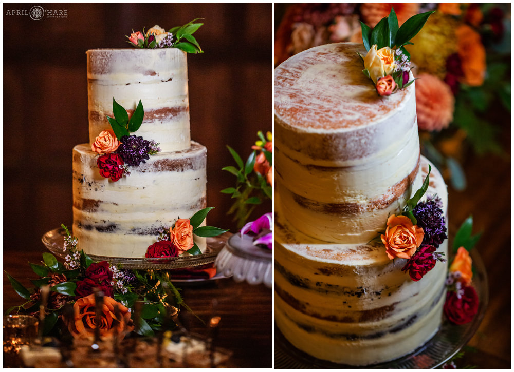 Posh Cakes Naked Cake with orange floral decor from a fall wedding at Villa Parker in Colorado