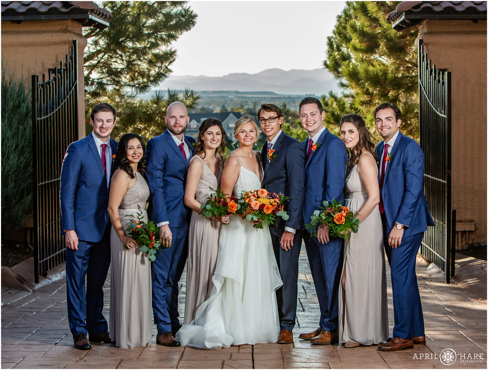 Wedding party portrait at Villa Parker in Colorado with Mountain Views