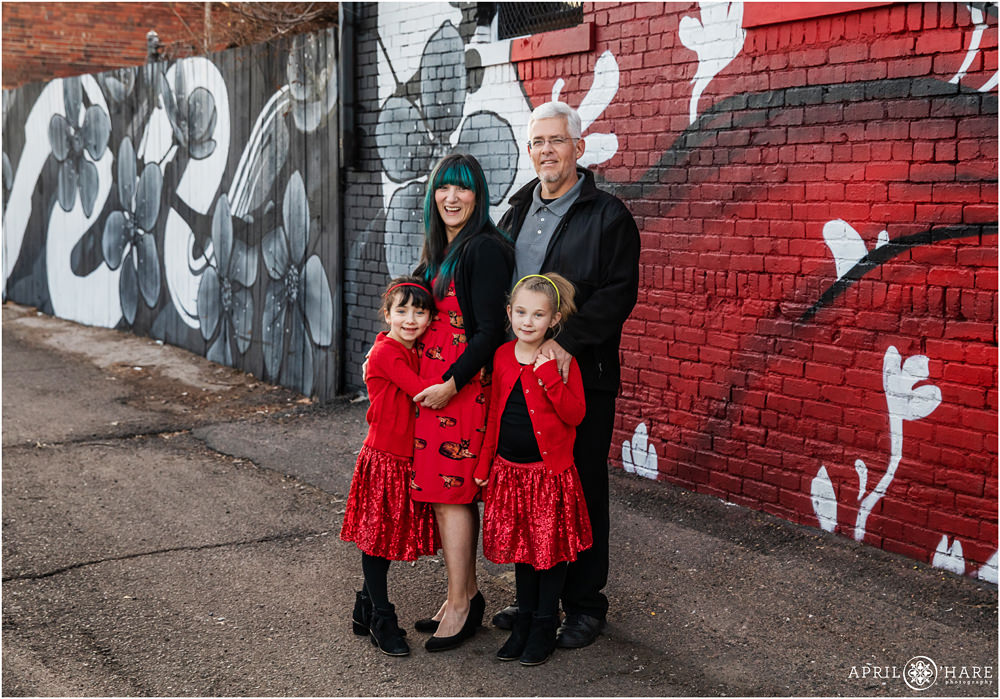 Rino Street Art Family Photos in North Denver with red brick