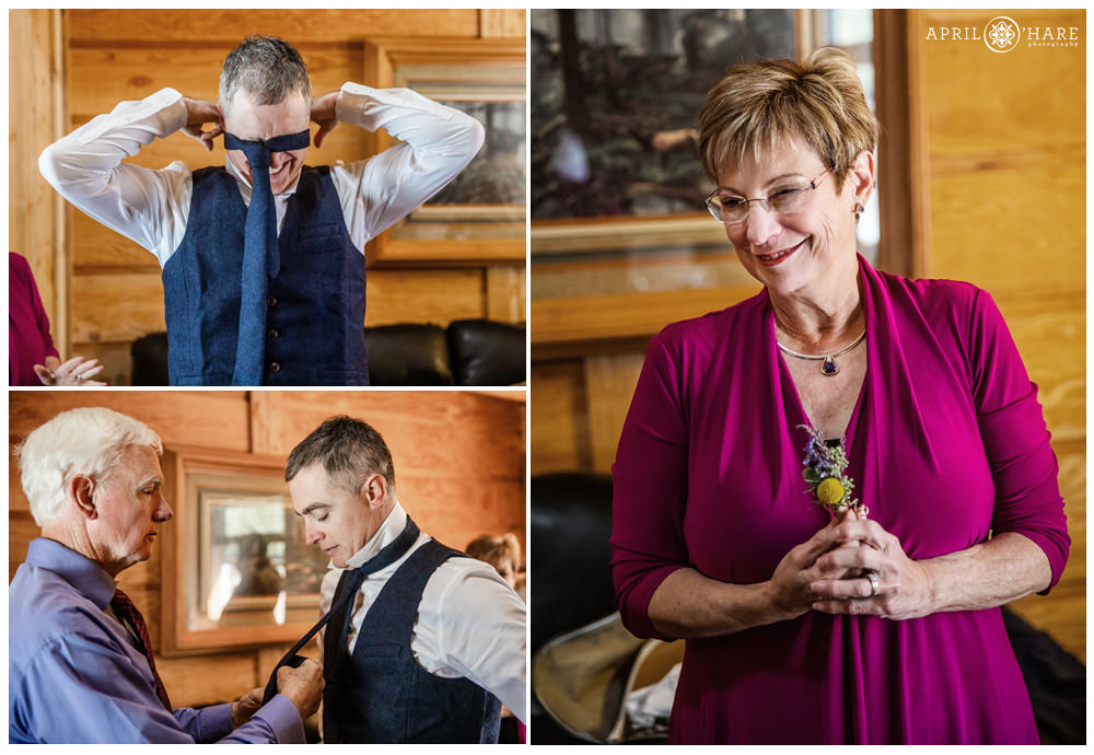 Groom getting dressed for his wedding day at the rustic Piney River Ranch