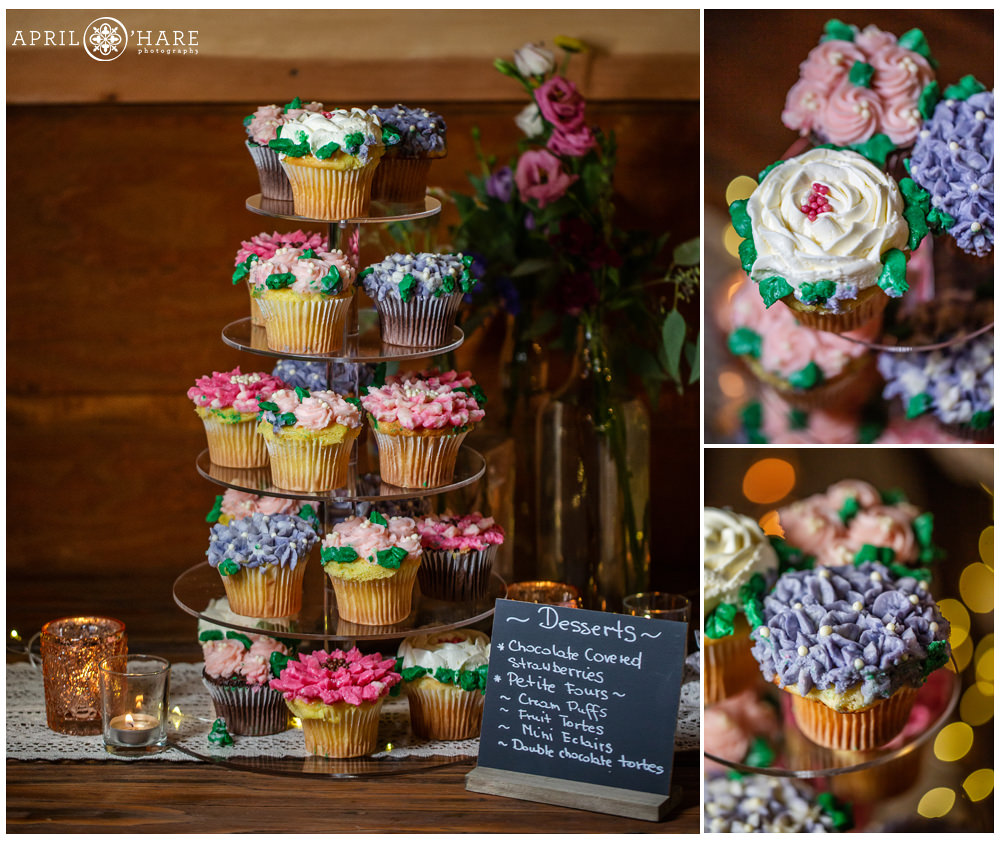 Fancy cupcakes with floral frosting by Christine Clancy at a rustic Vail wedding in Colorado
