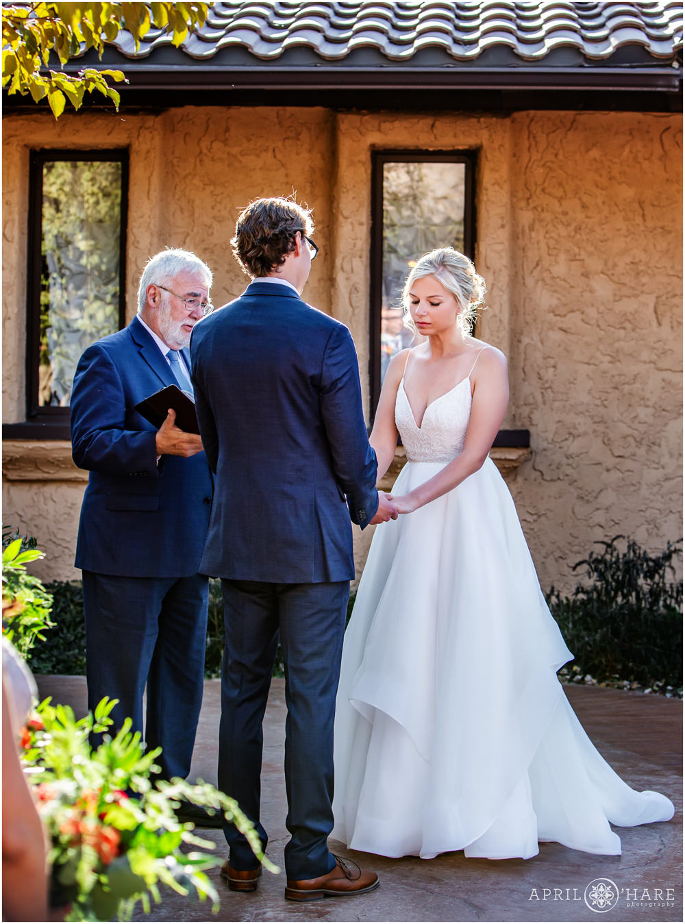 Outdoor courtyard wedding photo during fall at Villa Parker Colorado