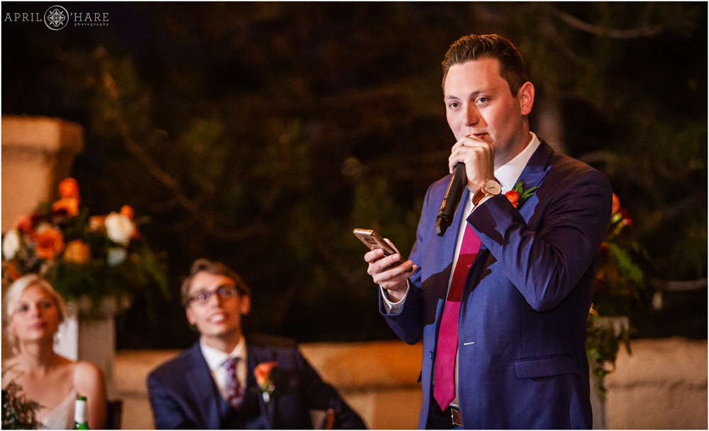 Best Man speech on the outdoor patio of Villa Parker during fall in Colorado
