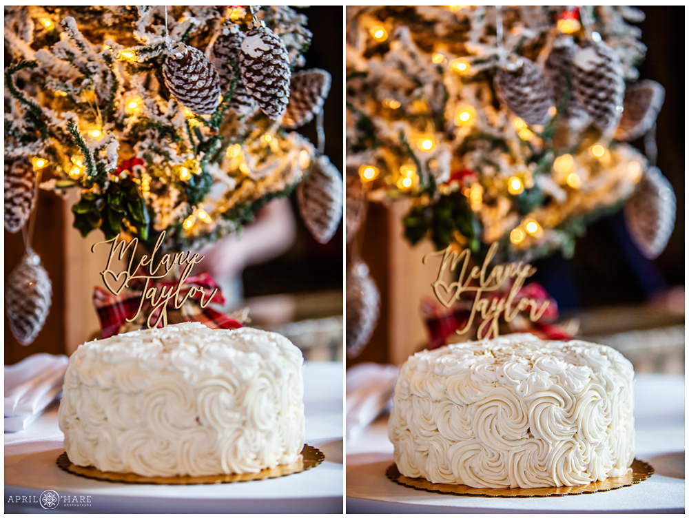 Beautiful simple white wedding cake for a same sex Christmas wedding in Estes Park
