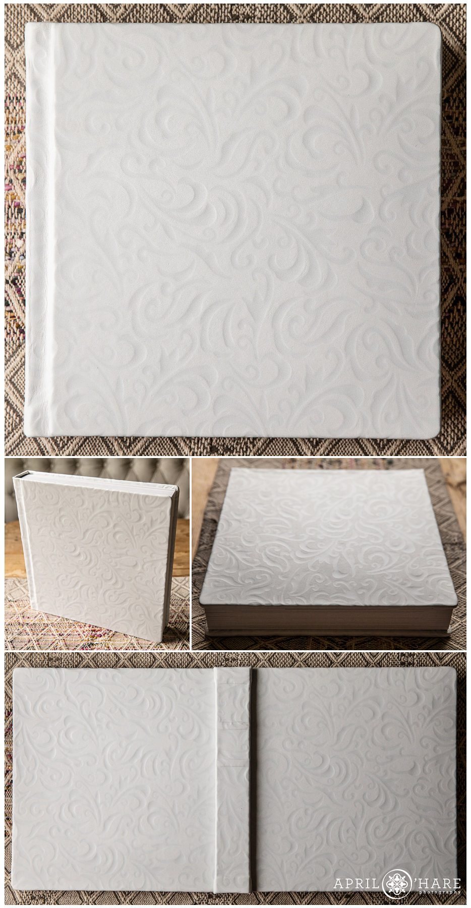 White Stamped Leather Album with Swirl Design from Finao called Chyna 12x12" Wedding Album