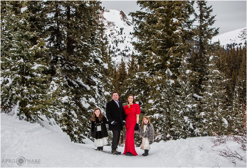 Stunning winter family photo in Leadville at the Mayflower Gulch Trail on snowy Christmas day