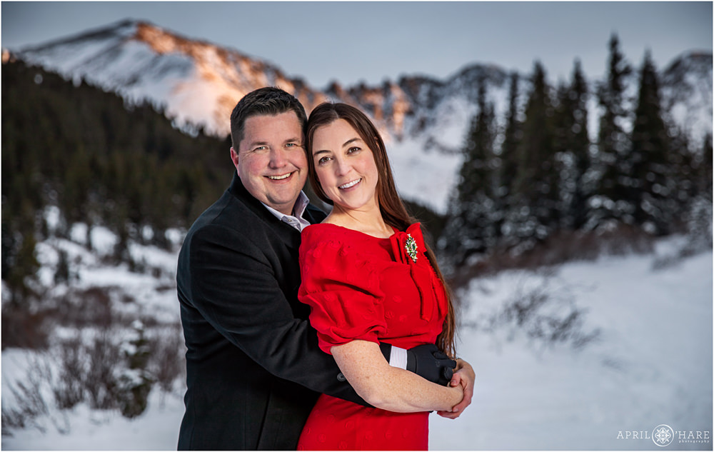 Beautiful couples portrait taken at sunset at Mayflower Gulch Trailhead near Leadville Colorado family session