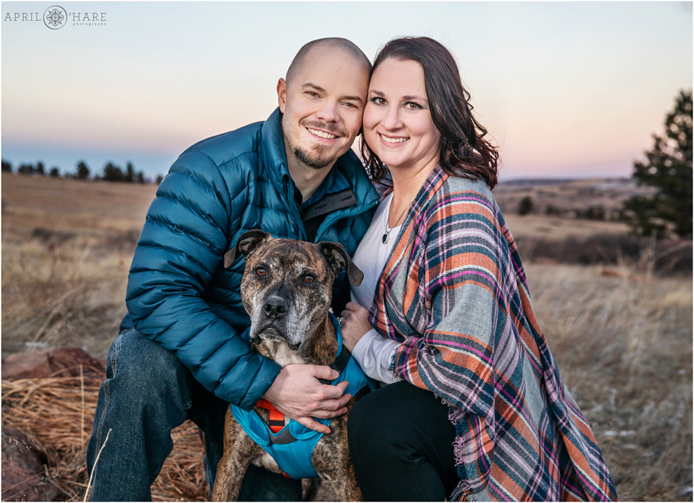 Sweet portrait of a couple and their cute dog at South Mesa Trail in Boulder Colorado