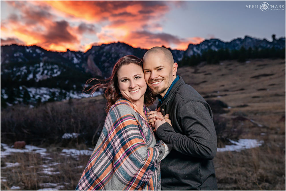 Couple portrait during winter at South Mesa Trail in Boulder CO