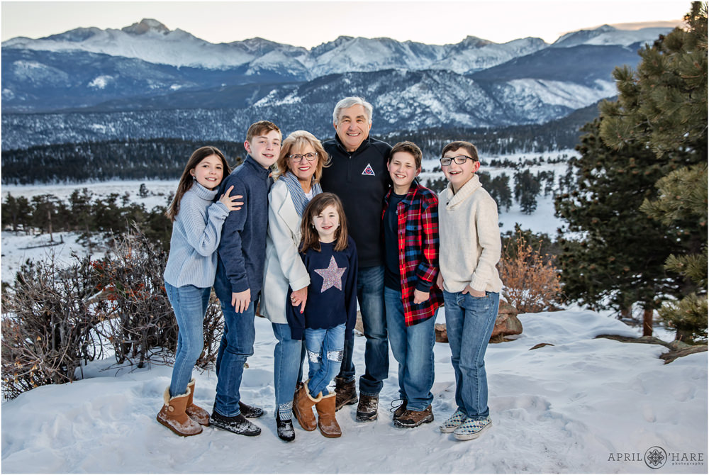 Cute family photo of grandparents with their grandkids at Rocky Mountain National Park in Colorado