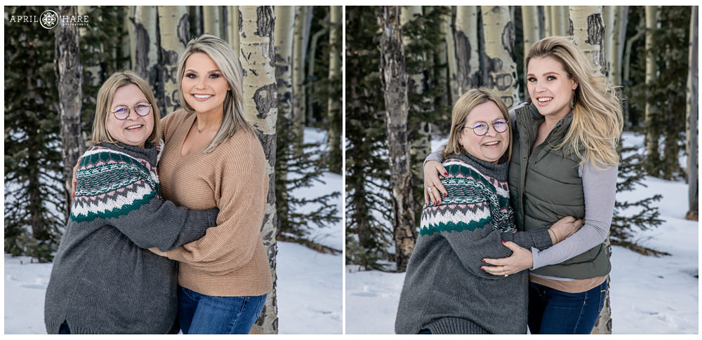 A mom with her two adult daughters during winter family photos