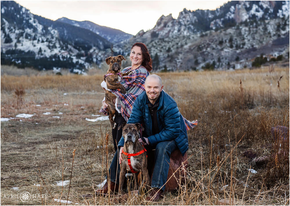 Winter photo session with dogs at the South Mesa Trail in Colorado