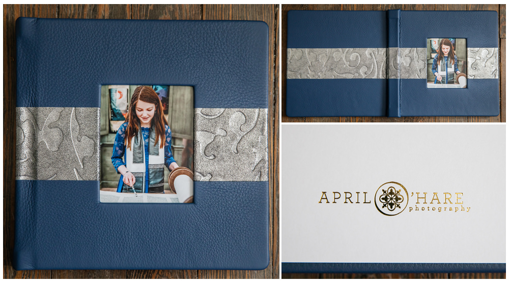 10x10" Bat Mitzvah Album with Wedgewood Blue Leather and Chrome Silver Metallic Floral Stripe