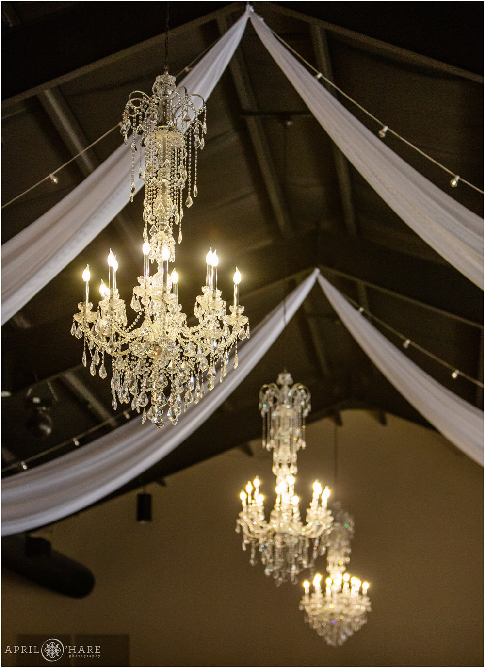 Chandeliers hang from ballroom ceiling at Black Forest Wedgewood Weddings