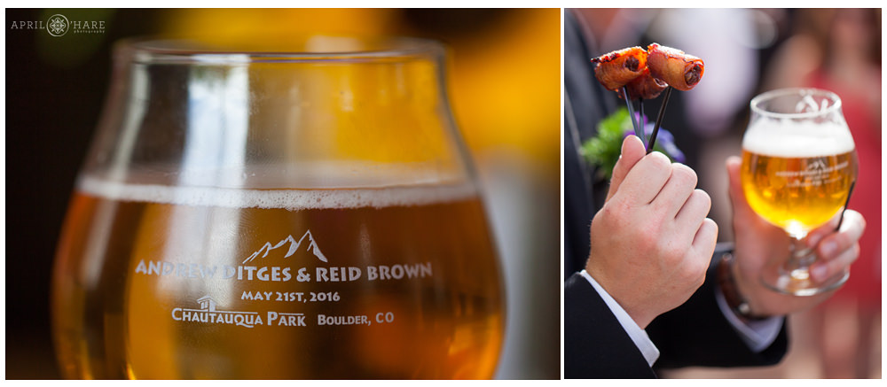 Custom etched beer glasses are the perfect favors for a Colorado brewery wedding reception