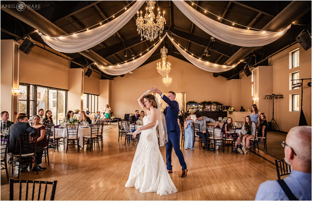 First Dance at Wedgewood Weddings Black Forest with wide view of reception space
