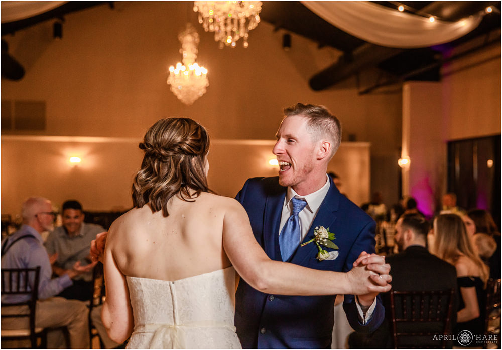 Bride and Groom have fun on the dance floor at their Black Forest Wedding in CO Springs